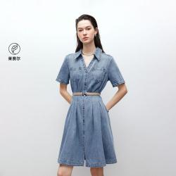 ONLY 夏季通勤风腰间捏褶牛仔衬衫裙高级感连衣裙女