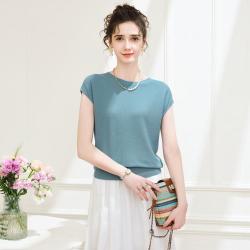 兔皇 纯色极简风百搭连肩袖夏圆领轻薄女针织衫短袖