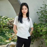 芭蒂娜 夏款优雅气质拼接褶皱不对称下摆开叉修身上衣