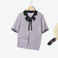 皮尔·卡丹 夏季高级感蝴蝶结装饰短袖T恤娃娃领针织衫薄