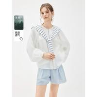 ELLE 莱赛尔含亚麻蓝白配色外套2026年夏季新款海滩度假风轻薄上衣