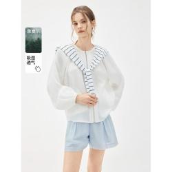 ELLE 莱赛尔含亚麻蓝白配色外套2026年夏季新款海滩度假风轻薄上衣