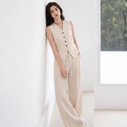 Esprit 天丝亚麻简约套装女V领显瘦气质通勤无袖两件套女