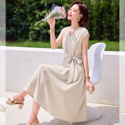 浅恋 妈妈装夏季简约纯色连衣裙中老年女装系带收腰A字裙子高档显年轻