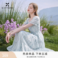 香影 晕染连衣裙女 露肩泡泡袖中长裙 航线蓝