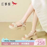 红蜻蜓 女鞋法式珍珠凉鞋 夏季一字带厚底凉鞋休闲优雅百搭女士罗马凉鞋