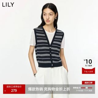 LILY 含莱赛尔亚麻复古假两件条纹马甲圆领短袖针织衫