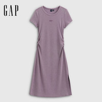 Gap 刺绣logo捏褶收腰圆领短袖连衣裙 紫色
