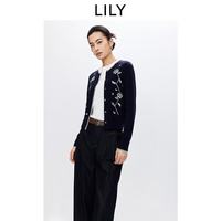 LILY 2026春新款羊毛混纺复古花卉绣花撞色圆领气质通勤针织开衫女 412藏蓝