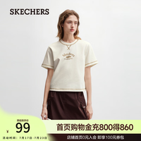 斯凯奇 2026夏季新款女宽松针织短袖T恤棉感正肩印花休闲流行上衣 棉花糖白/0074 M