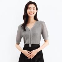 限尺码：Koradior 夏人气优雅V领设计感钉珠气质弹力短袖针织衫T恤上衣女