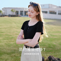香影 黑色正肩方领修身短袖T恤 黑色 L