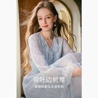 香影 法式V领印花收腰 A字连衣裙 蓝色 L