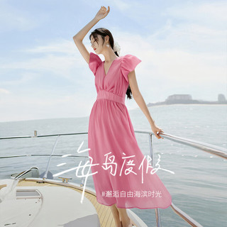X.YING/香影 法式V领泡泡袖A字高腰连衣裙 树莓粉