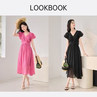 X.YING/香影 法式V领泡泡袖A字高腰连衣裙 树莓粉