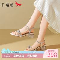 红蜻蜓 女鞋休闲蝴蝶水钻凉鞋 夏季一字带粗跟凉鞋优雅百搭女士凉鞋子
