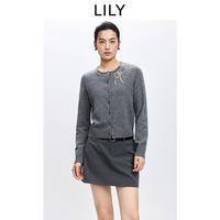 LILY 2026春新款女装羊毛混纺蝴蝶结钉珠圆领气质通勤针织开衫外套 501灰色