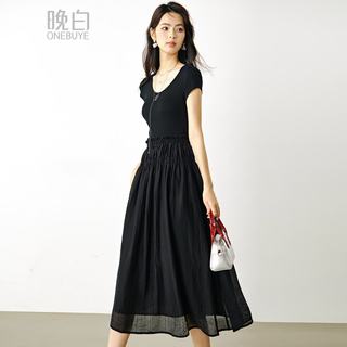 晚白 冰丝拼接莱赛尔假两件连衣裙 黑色 M
