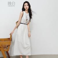 晚白 花边无袖冰丝印花  连衣裙
