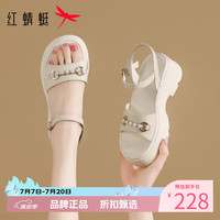 红蜻蜓 女鞋休闲羊皮革凉鞋 夏季一字带串珠凉鞋百搭优雅女士沙滩凉鞋子