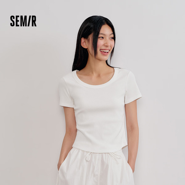 森马 短袖t恤女夏季短款紧身大圆领正肩上衣
