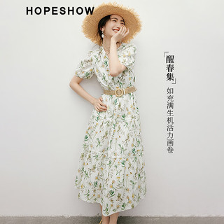 红袖 醒春集收腰V领碎花连衣裙 白底花 L