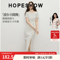 红袖 减龄波点连衣裙2026夏季新款女装设计感绑带泡泡袖显瘦开叉长裙 米底黑点816 M