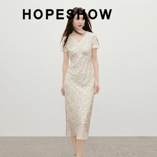 红袖 缎面蕾丝花边碎花连衣裙