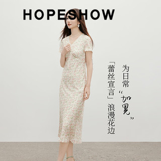 红袖 缎面蕾丝花边碎花连衣裙