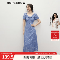 红袖 碎花连衣裙2025夏季新款女装正肩泡泡袖收腰V领仿牛仔日系娃娃裙 牛仔蓝花677 M