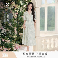 香影 绿色连衣裙女2026夏季新款花路绿堇v领印花裙 绿色