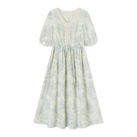香影 绿色V领印花连衣裙