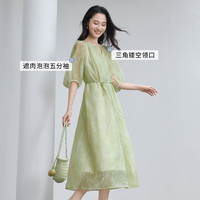 香影 黄色泡泡袖印花中长款连衣裙 L
