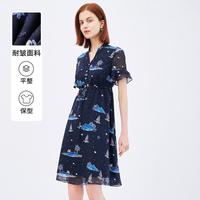 菲妮迪 夏季淑女风V领短袖收腰显瘦印花连衣裙