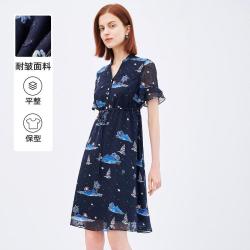 菲妮迪 夏季淑女风V领短袖收腰显瘦印花连衣裙