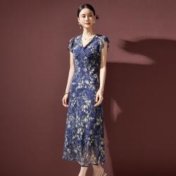 杭依阁 2026夏季度假碎花连衣裙收腰显瘦V领设计优雅气质雪纺A字裙
