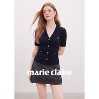 Marie Claire 小香风时尚通勤气质V领单排扣短袖女士T恤针织开衫