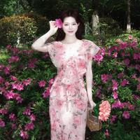 泽灵 波点印花V领度假风粉色连衣裙夏特别漂亮掐腰小裙子