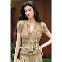WANGXO 混色纱金葱珠片呼吸感挑孔镂空短袖针织衫女老钱风V领针织T恤女