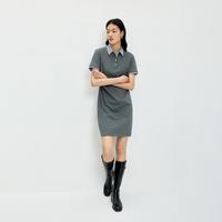 LILY 复古POLO领条纹拼接抽褶收腰翻领衬衫式连衣裙女