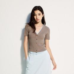 欧时力 夏装 莱赛尔亚麻假两件V领撞色短袖针织外套