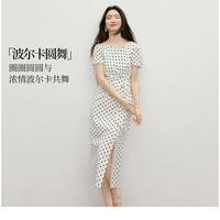 红袖 2026夏季女装波点印花解构绑带压褶泡泡袖一字领连衣裙