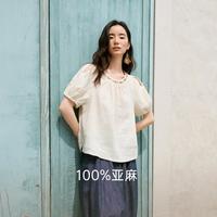 飞鸟和新酒 夏季圆领钉珠设计时尚麻料短袖衬衫上衣女