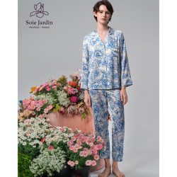 soie jardin3#蓝牡丹花卉印花桑蚕丝两件长套装
