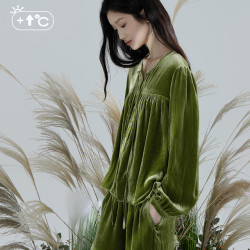 初秋新品“桑洛色覆古飘带桑洛丝绒睡衣套装秋冬女式家装”