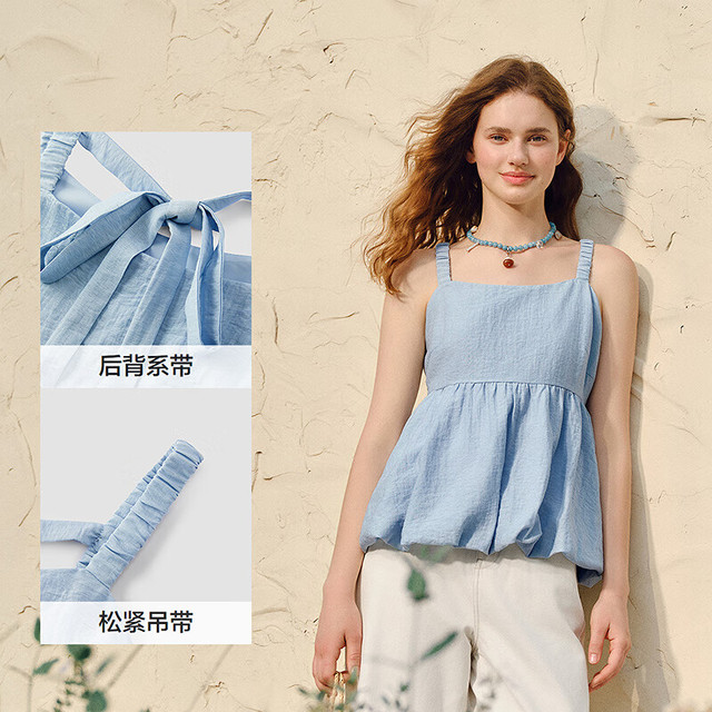 森马 衬衫女无袖设计感蝴蝶结可爱夏新款花苞肌理上衣吊带法式
