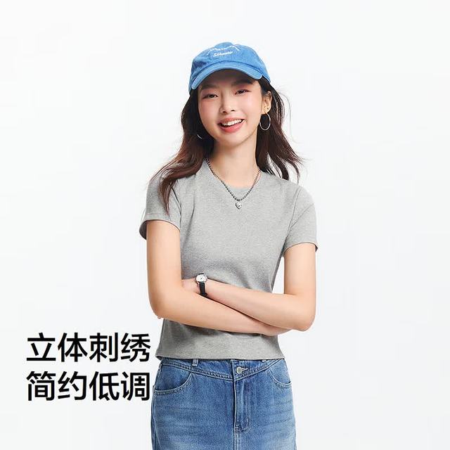 森马 凉感T|短袖T恤女短款刺绣修身基础圆领正肩夏装