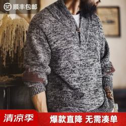 马登 工装美式复古青果领毛衫男冬老钱风套头毛衣灰色高级感针织衫外套 石墨灰  XL