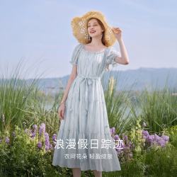香影 花间物语连衣裙 露肩泡泡袖 航线蓝