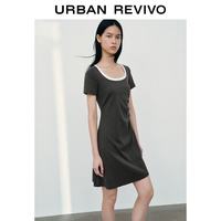 URBAN REVIVO UYY760077 撞色U型领抽褶修身连衣裙
